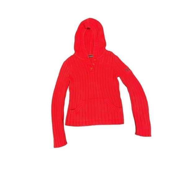 Red ribbed knit DKNY hoodie. - Picture 1 of 6